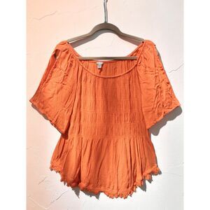 Cato Plus Size 22/24 Orange Gauze Smocked Cold Shoulder Tunic Top - Fringe Hem